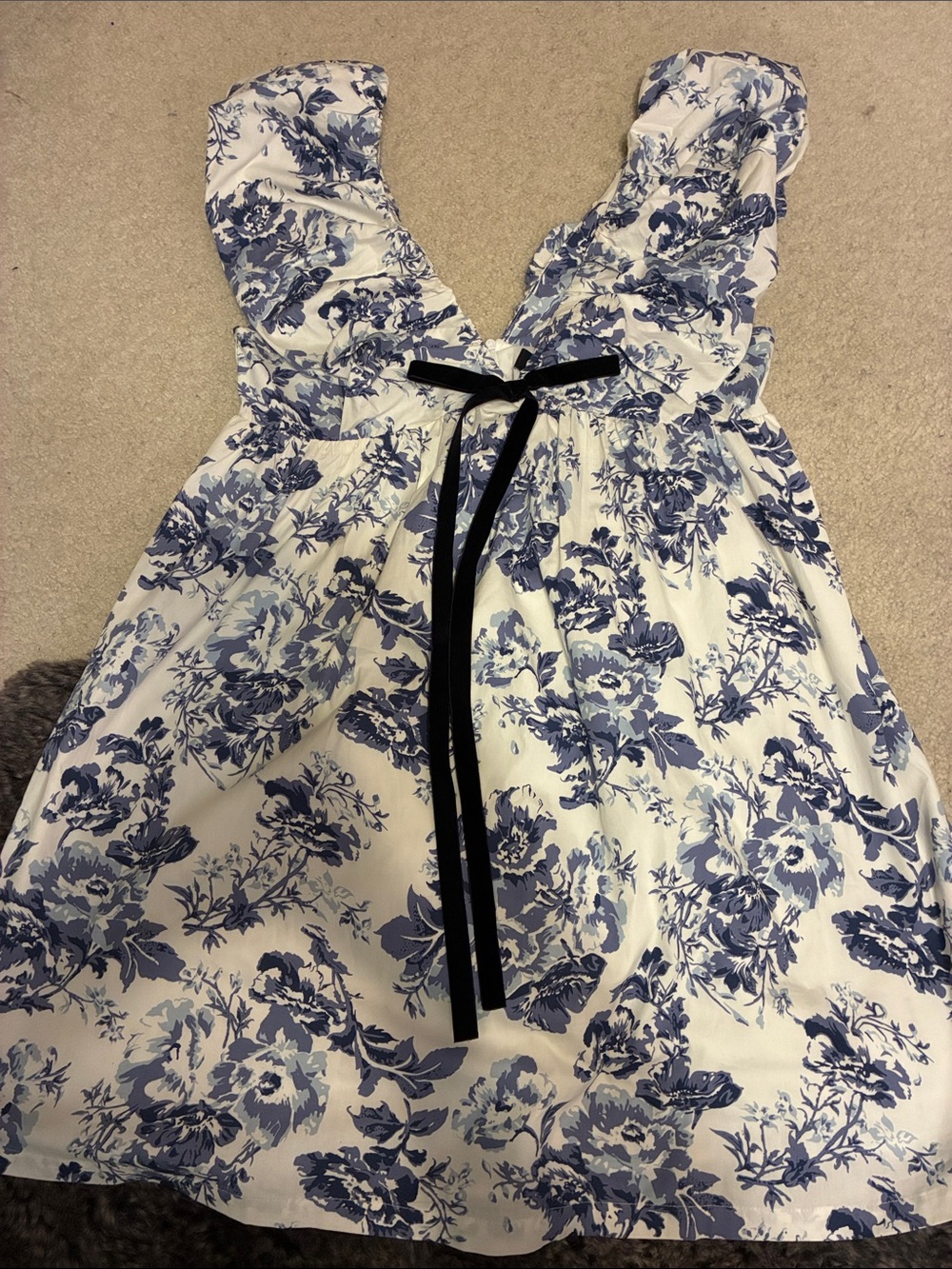 Blue Floral Ruffle Strap Casual Sundress with Tie Waist